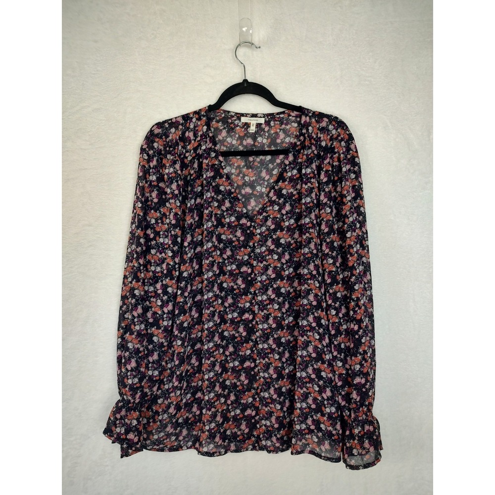 Maurices Womens XXL Floral Chiffon V-Neck Blouse Navy Pink Smocked Ruffle Sleeve